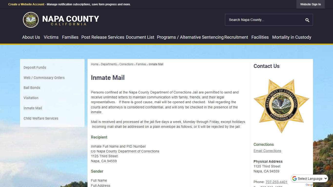 Inmate Mail | Napa County, CA